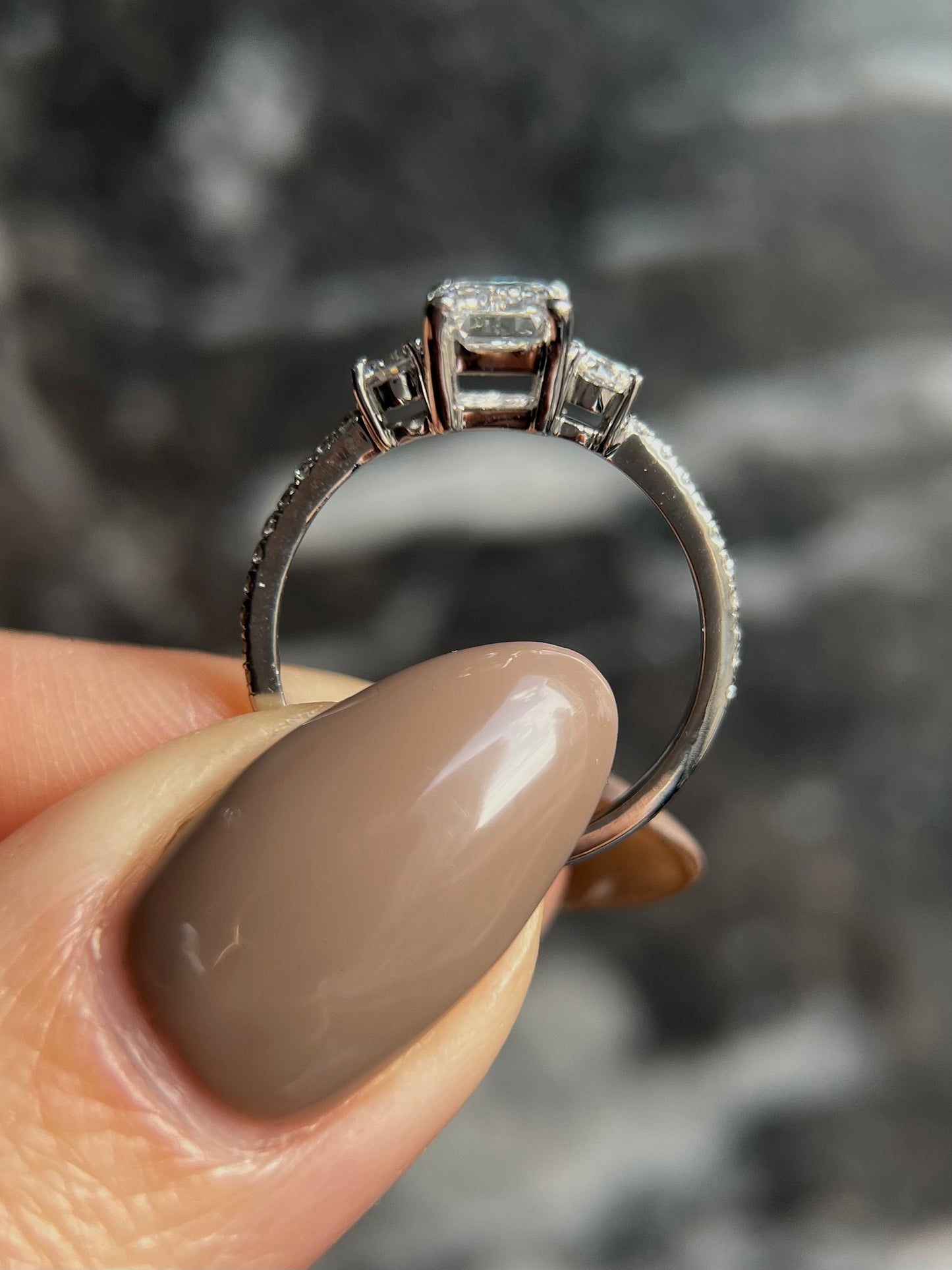 Emerald Cut 1.35 carat IGI Certified D Color VVS2 Clarity Lab Grown Diamond Three Stone Engagement Ring, Round Side Diamonds