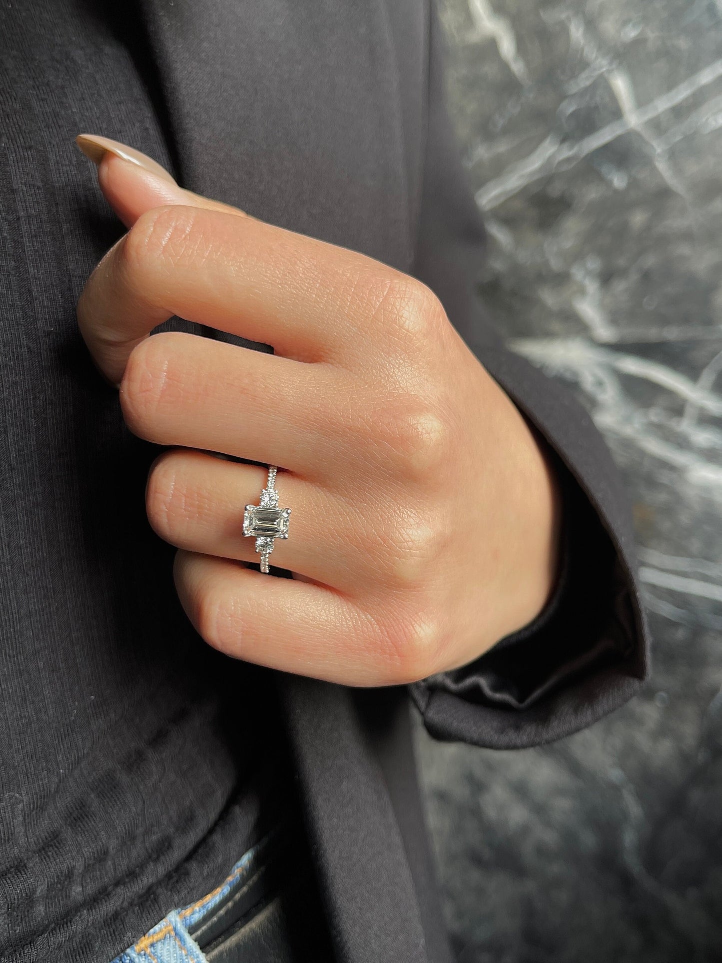 Emerald Cut 1.35 carat IGI Certified D Color VVS2 Clarity Lab Grown Diamond Three Stone Engagement Ring, Round Side Diamonds