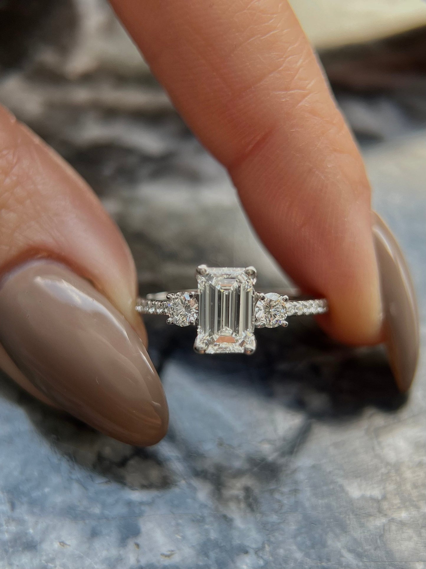 Emerald Cut 1.35 carat IGI Certified D Color VVS2 Clarity Lab Grown Diamond Three Stone Engagement Ring, Round Side Diamonds