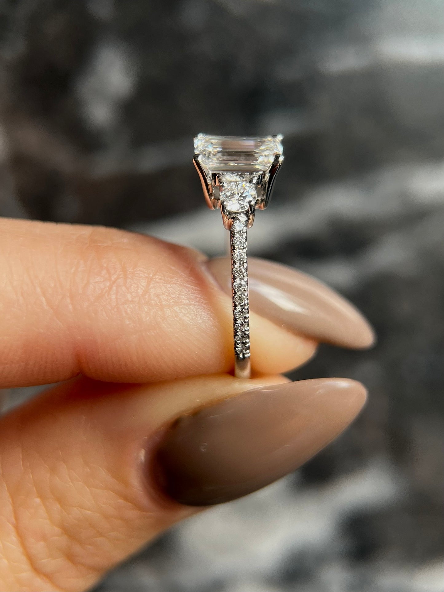 Emerald Cut 1.35 carat IGI Certified D Color VVS2 Clarity Lab Grown Diamond Three Stone Engagement Ring, Round Side Diamonds