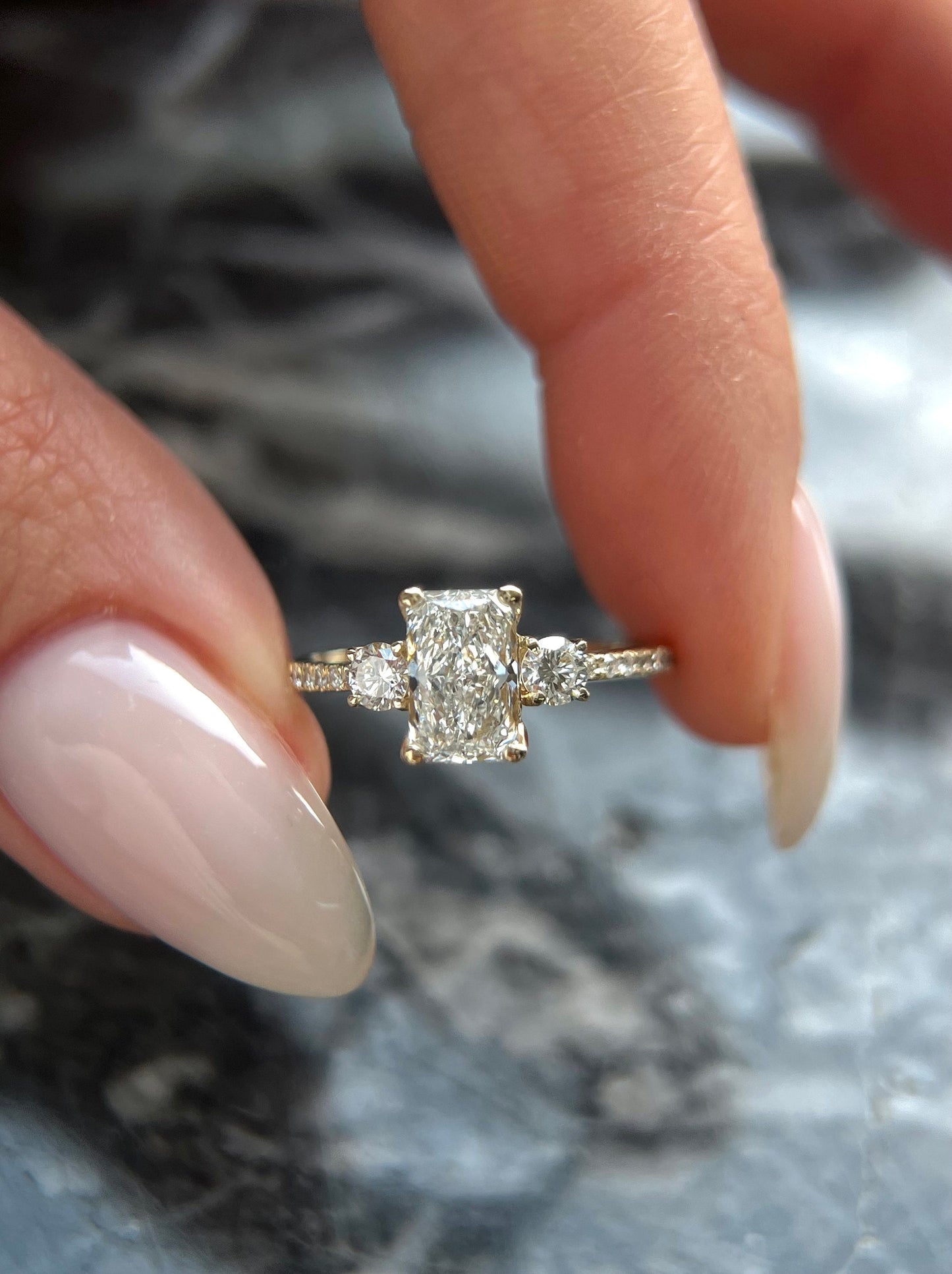 Radiant Cut 1.35 carat IGI Certified E Color VVS2 Clarity Lab Grown Diamond Engagement Ring, Round Side Diamonds