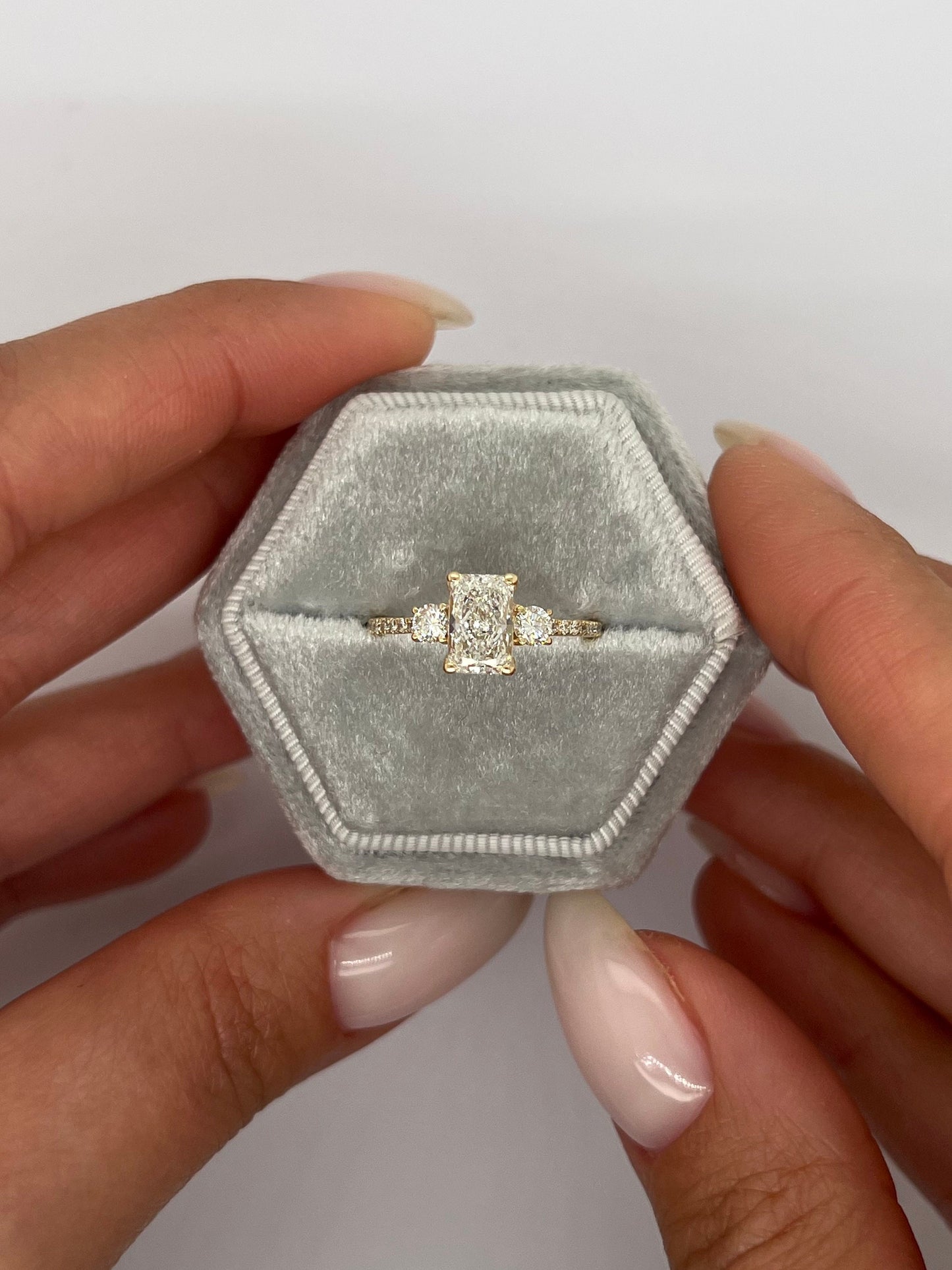 Radiant Cut 1.35 carat IGI Certified E Color VVS2 Clarity Lab Grown Diamond Engagement Ring, Round Side Diamonds