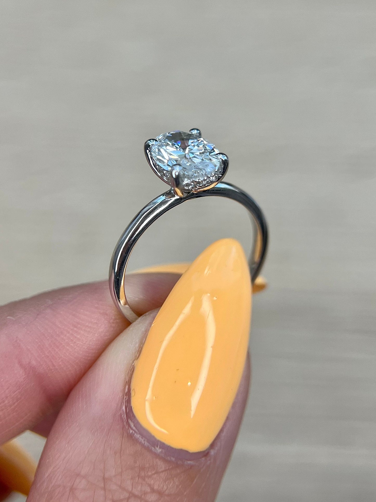 Oval 2.10 carat IGI Certified F Color VS1 Clarity Lab Grown Diamond Solitaire Hidden Halo Engagement Ring, Trendy Style