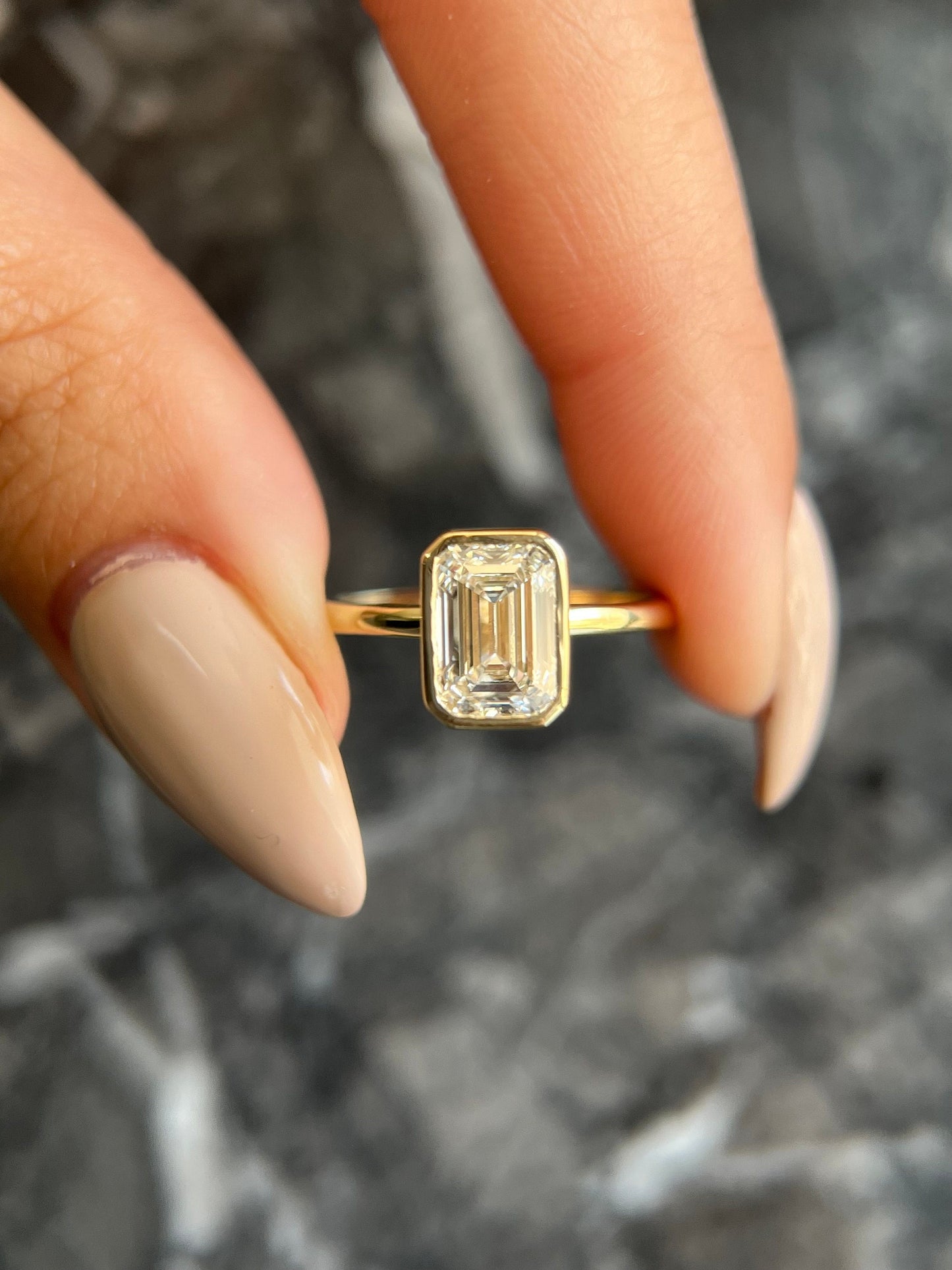 Emerald Cut 2 carat G Color VVS2 Clarity IGI Certified Lab Grown Diamond Bezel Set Solitaire Engagement Ring