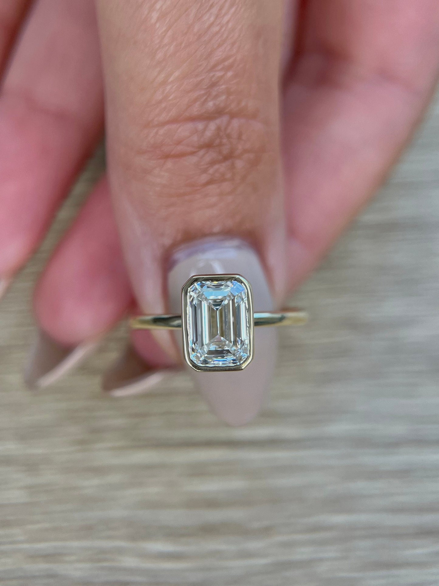 Emerald Cut 2 carat G Color VVS2 Clarity IGI Certified Lab Grown Diamond Bezel Set Solitaire Engagement Ring