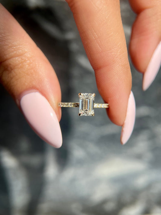 Emerald Cut 1.2 carat IGI Certified D Color VVS2 Clarity Lab Grown Diamond Hidden Halo Engagement Ring, Round Side Diamonds