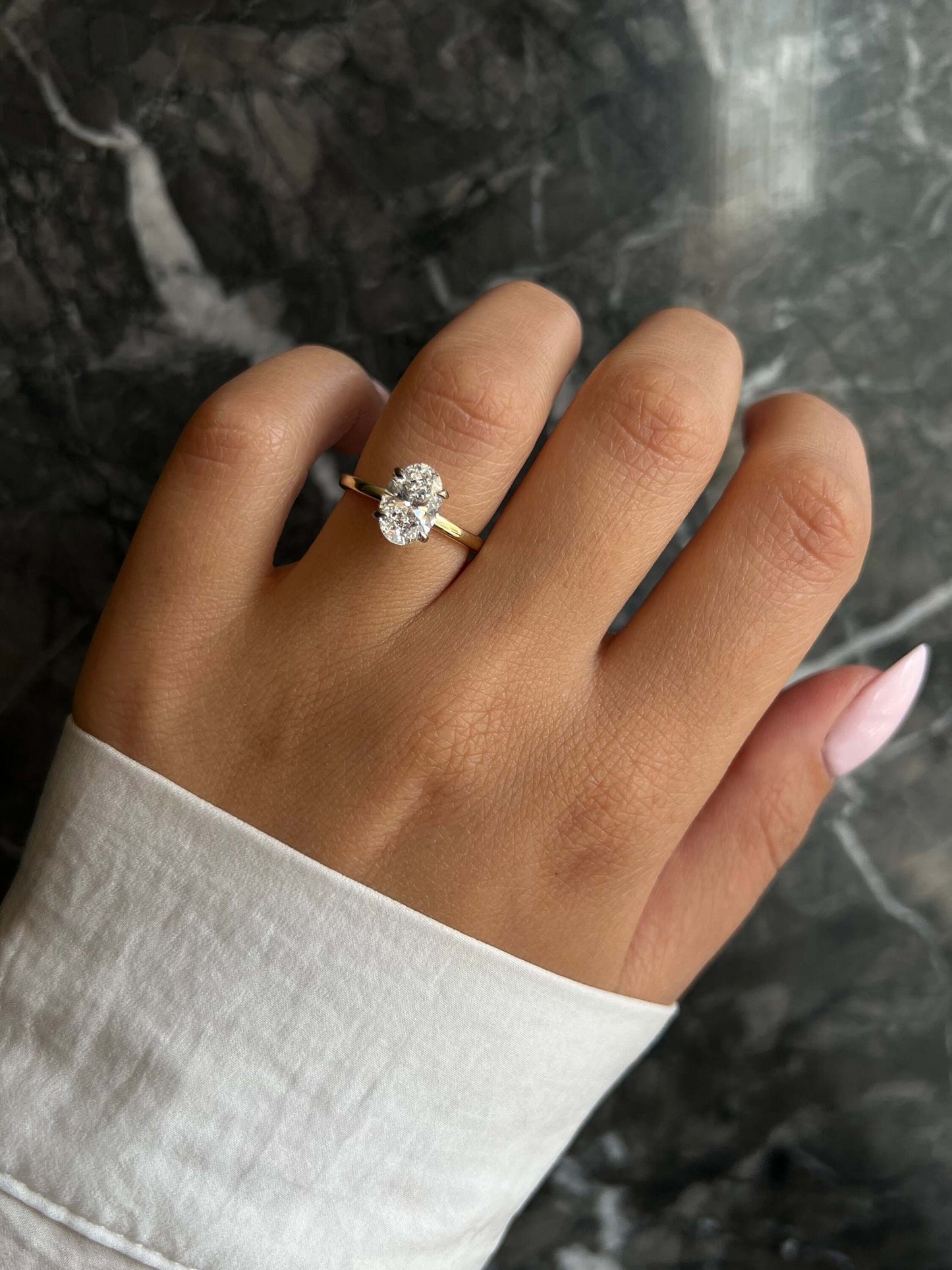 Special Two Tone Gold Oval Cut 1.55 carat IGI Certified E Color VVS2 Clarity Lab Grown Diamond Solitaire Hidden Halo Engagement Ring