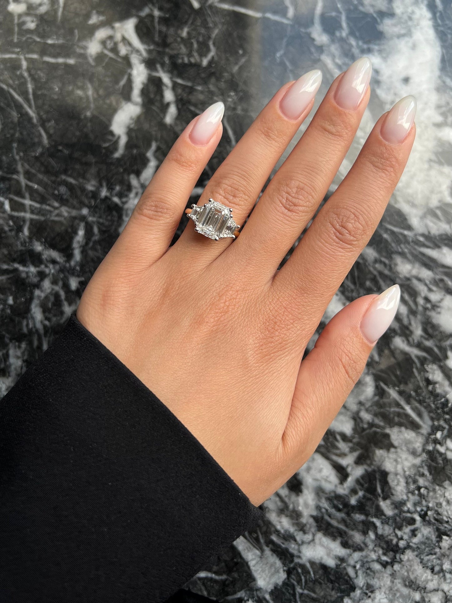 Special Two Tone Emerald Cut 5 carat IGI Certified E Color VVS2 Clarity Lab Grown Diamond Three Stone Engagement Ring, Side Trapezoids