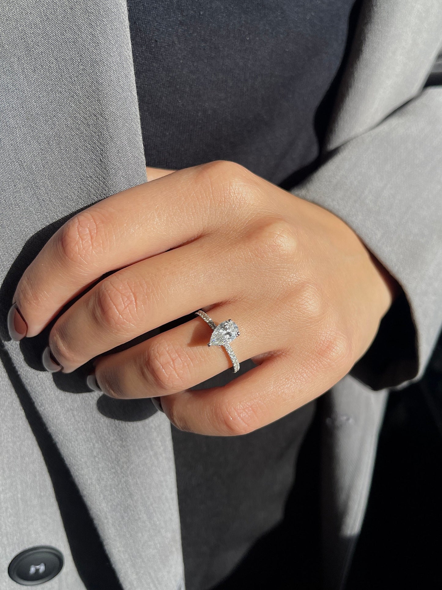 Pear Cut 1.3 Carat IGI Certified E Color VVS2 Clarity Lab Grown Hidden Halo Diamond Solitaire Engagement Ring, Side Round Diamonds