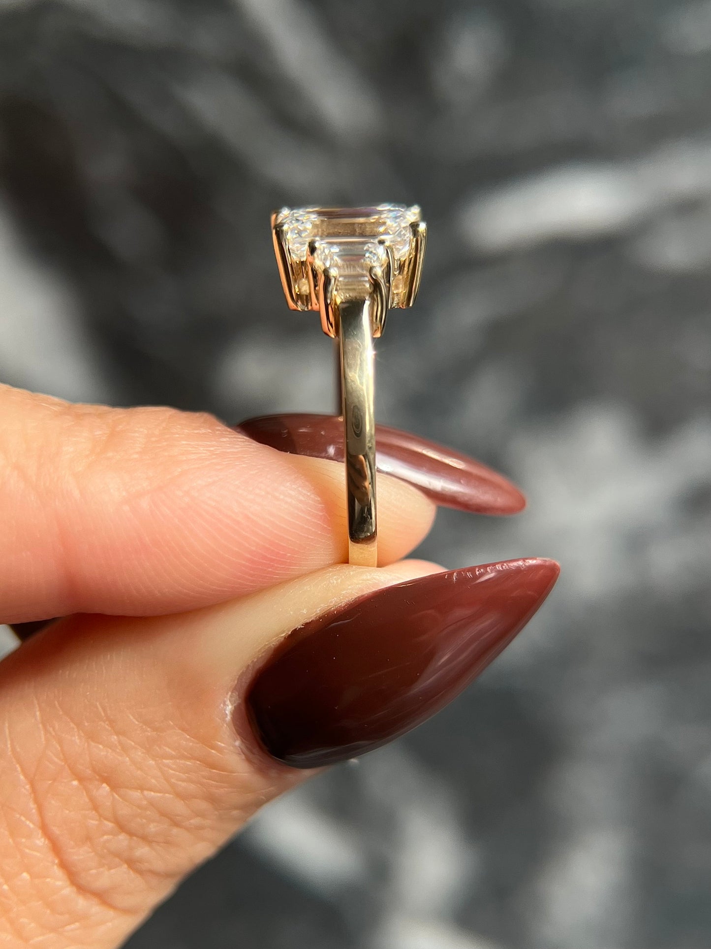 Emerald Cut 2.5 carat IGI Certified E Color VVS2 Clarity Lab Grown Diamond Three Stone Engagement Ring, Side Trapezoids, Handmade Solid Gold