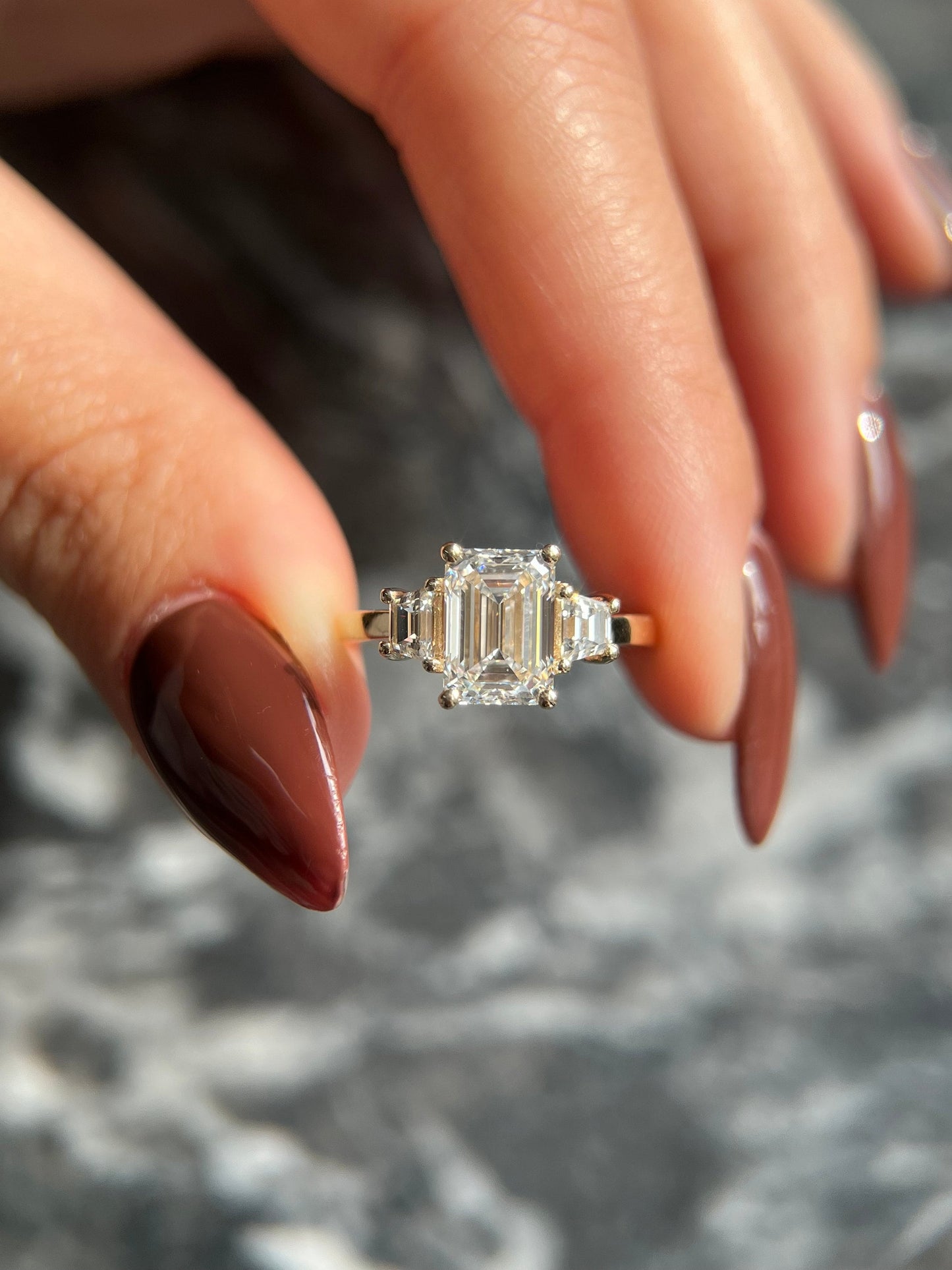 Emerald Cut 2.5 carat IGI Certified E Color VVS2 Clarity Lab Grown Diamond Three Stone Engagement Ring, Side Trapezoids, Handmade Solid Gold