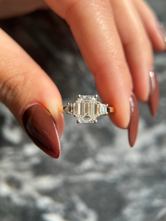 Emerald Cut 2.5 carat IGI Certified E Color VVS2 Clarity Lab Grown Diamond Three Stone Engagement Ring, Side Trapezoids, Handmade Solid Gold