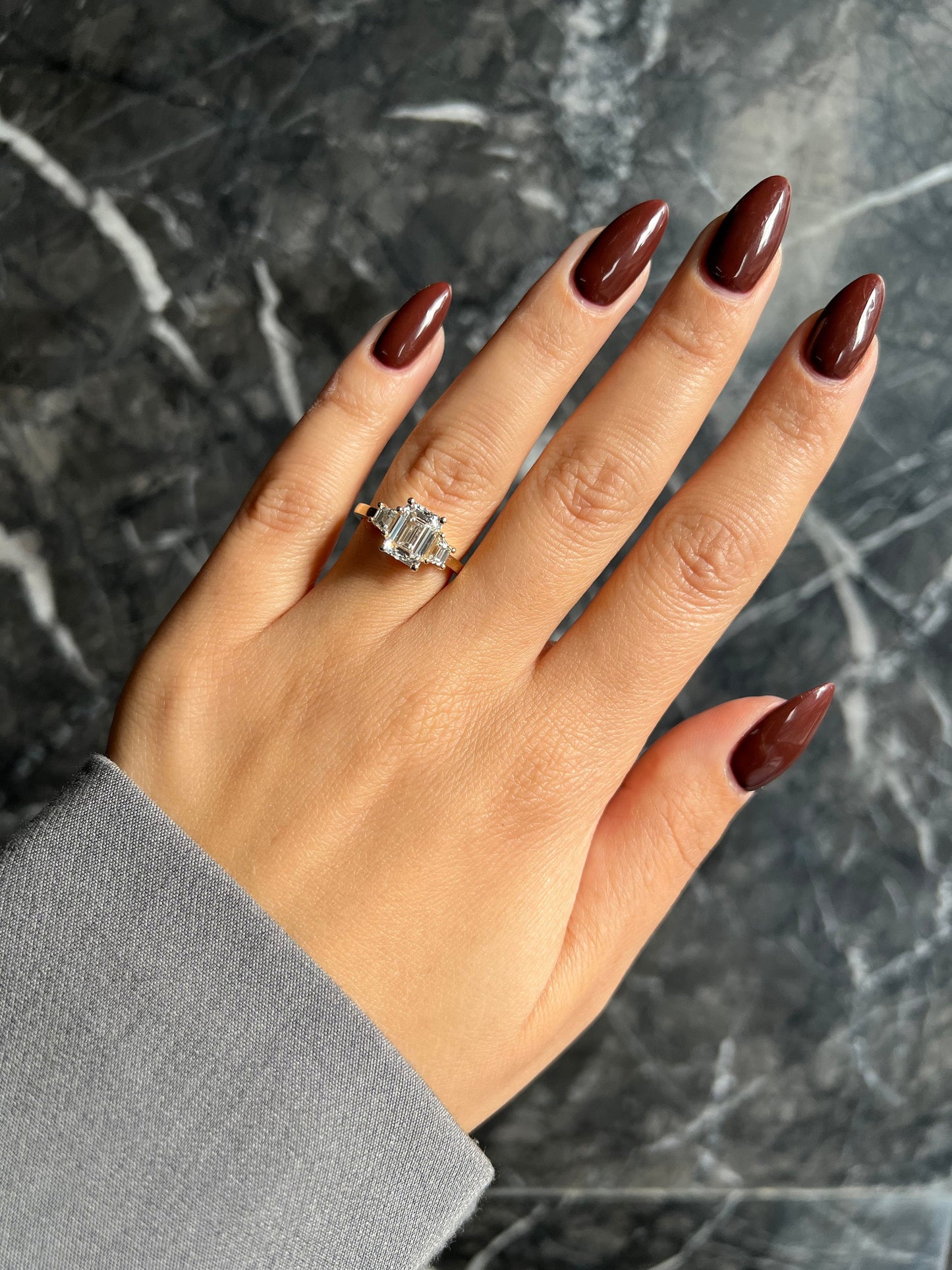 Emerald Cut 2.5 carat IGI Certified E Color VVS2 Clarity Lab Grown Diamond Three Stone Engagement Ring, Side Trapezoids, Handmade Solid Gold