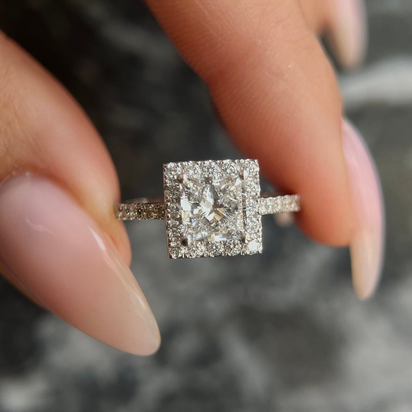 Princess Cut 1.30 carat IGI Certified E Color VVS2 Clarity Lab Grown Diamond Halo Engagement Ring, Round Side Diamonds