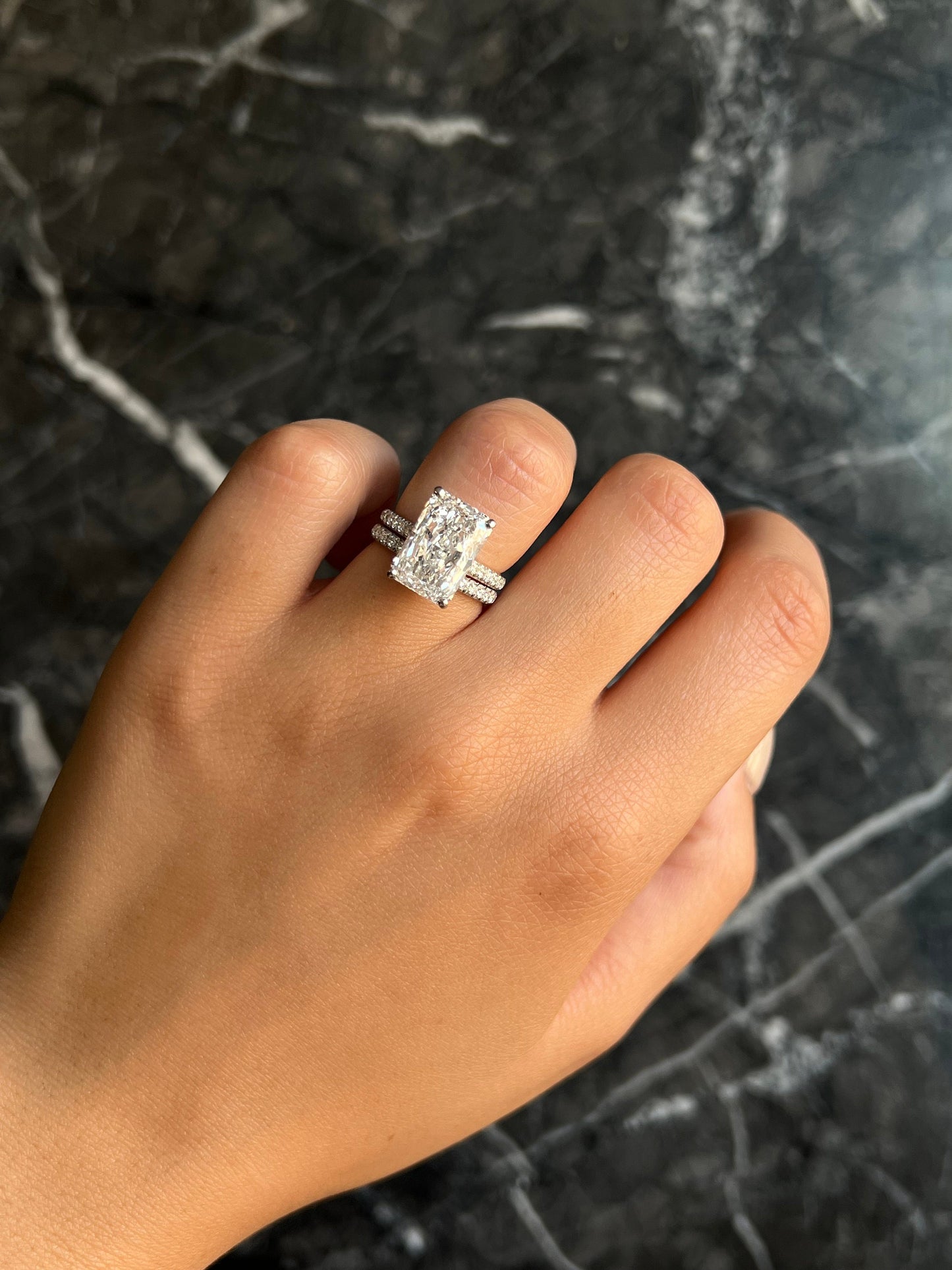 Radiant Cut 6.5 Carat IGI Certified F Color VS1 Clarity Lab Grown Diamond Engagement Ring Set Hidden Halo and Matching Diamond Wedding Band
