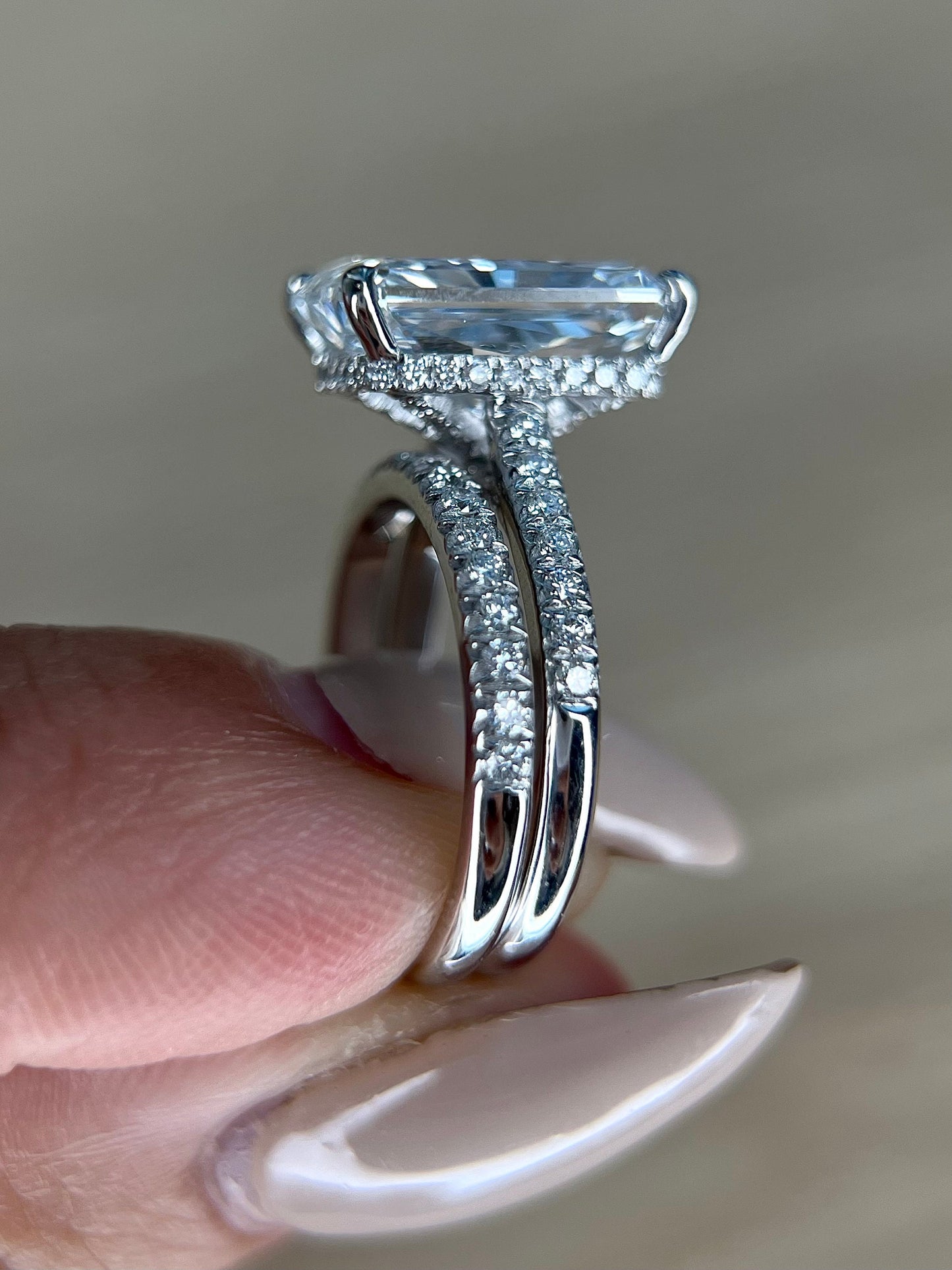 Radiant Cut 6.5 Carat IGI Certified F Color VS1 Clarity Lab Grown Diamond Engagement Ring Set Hidden Halo and Matching Diamond Wedding Band