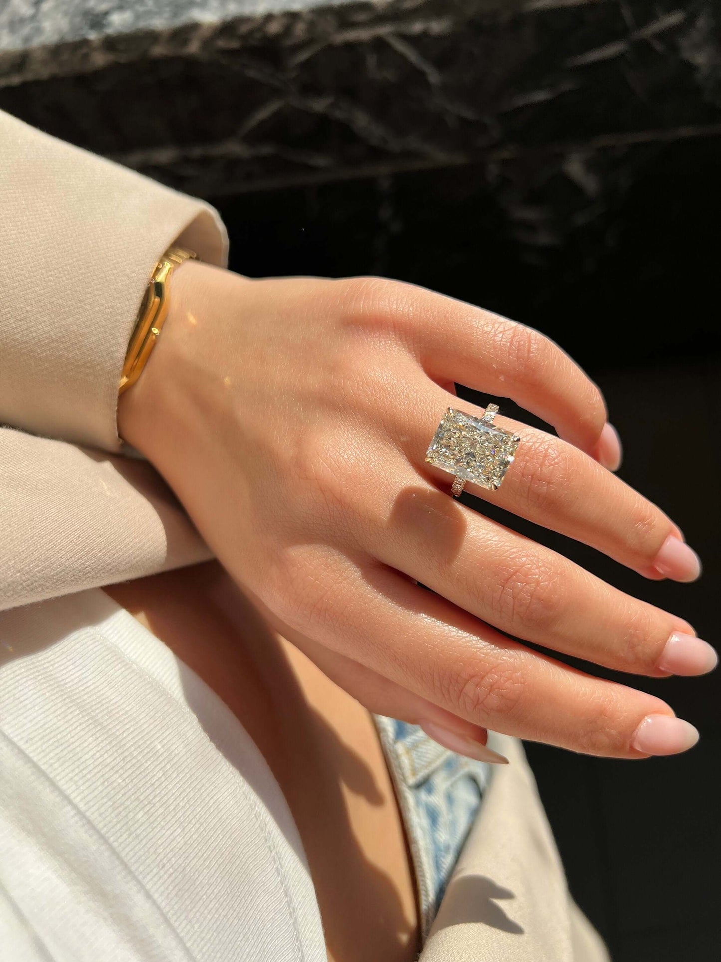 Radiant Cut 8.5 Carat IGI Certified G Color VS1 Clarity Lab Grown Diamond Engagement Ring Hidden Halo and Side Round Diamonds