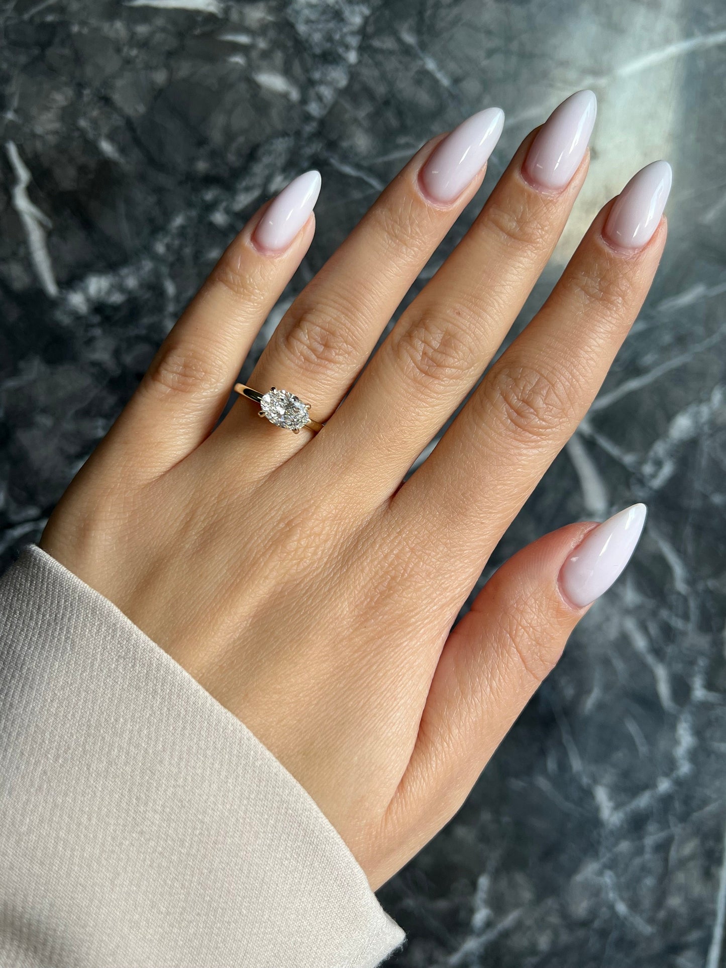 Oval Cut 1.25 Carat E Color VS1 Clarity IGI Certified Lab Grown Diamond Solitaire EAST-WEST Solitaire Engagement Ring Claw Prongs