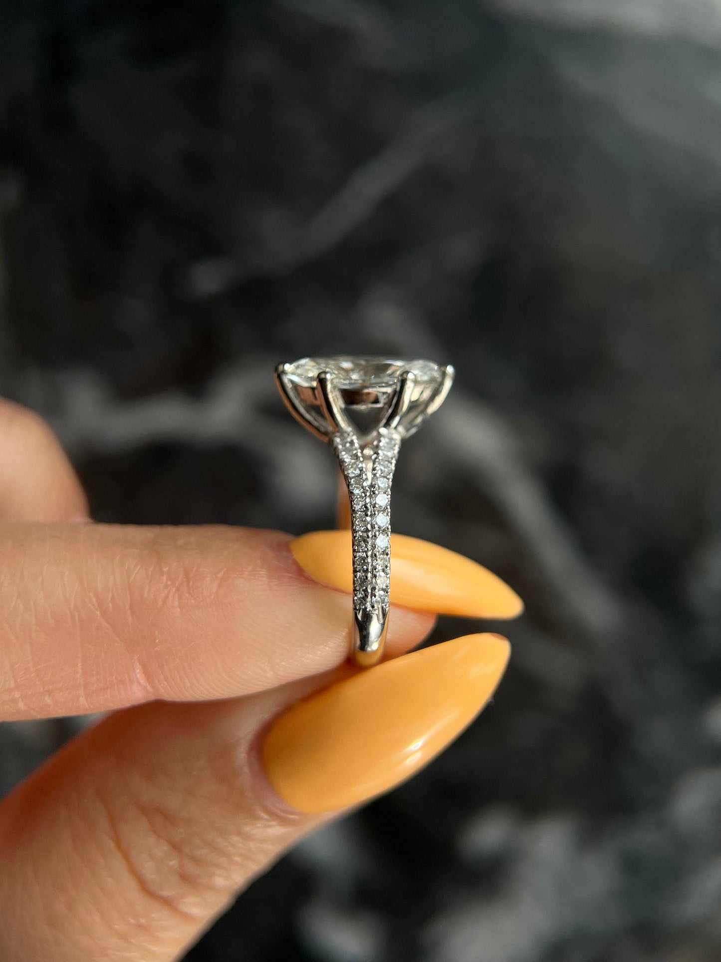Marquise Cut 2.3 carat IGI Certified F Color VVS2 Clarity Lab Grown Diamond Split Shank Engagement Ring