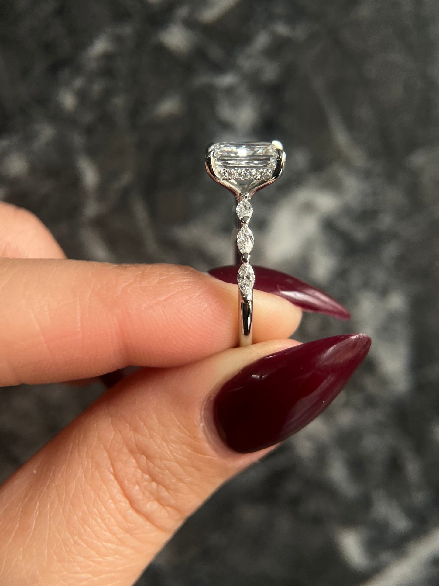 Radiant Cut 2.5 Carat F Color VS1 Clarity IGI Certified Lab Grown Diamond Engagement Ring Hidden Halo and Side Marquise Diamonds