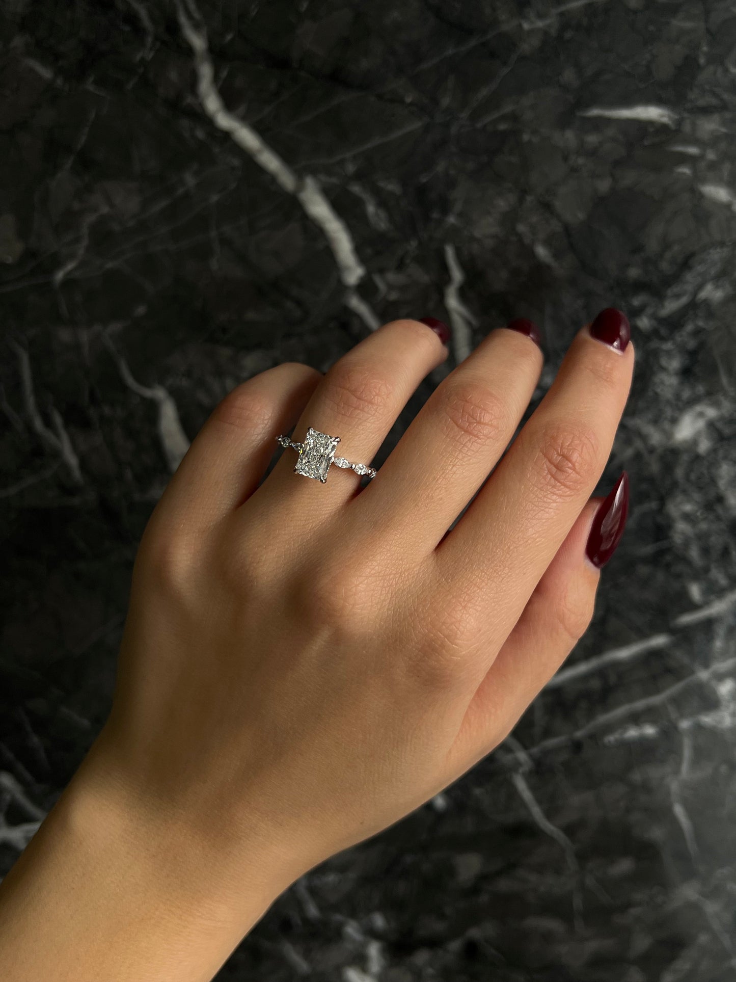 Radiant Cut 2.5 Carat F Color VS1 Clarity IGI Certified Lab Grown Diamond Engagement Ring Hidden Halo and Side Marquise Diamonds