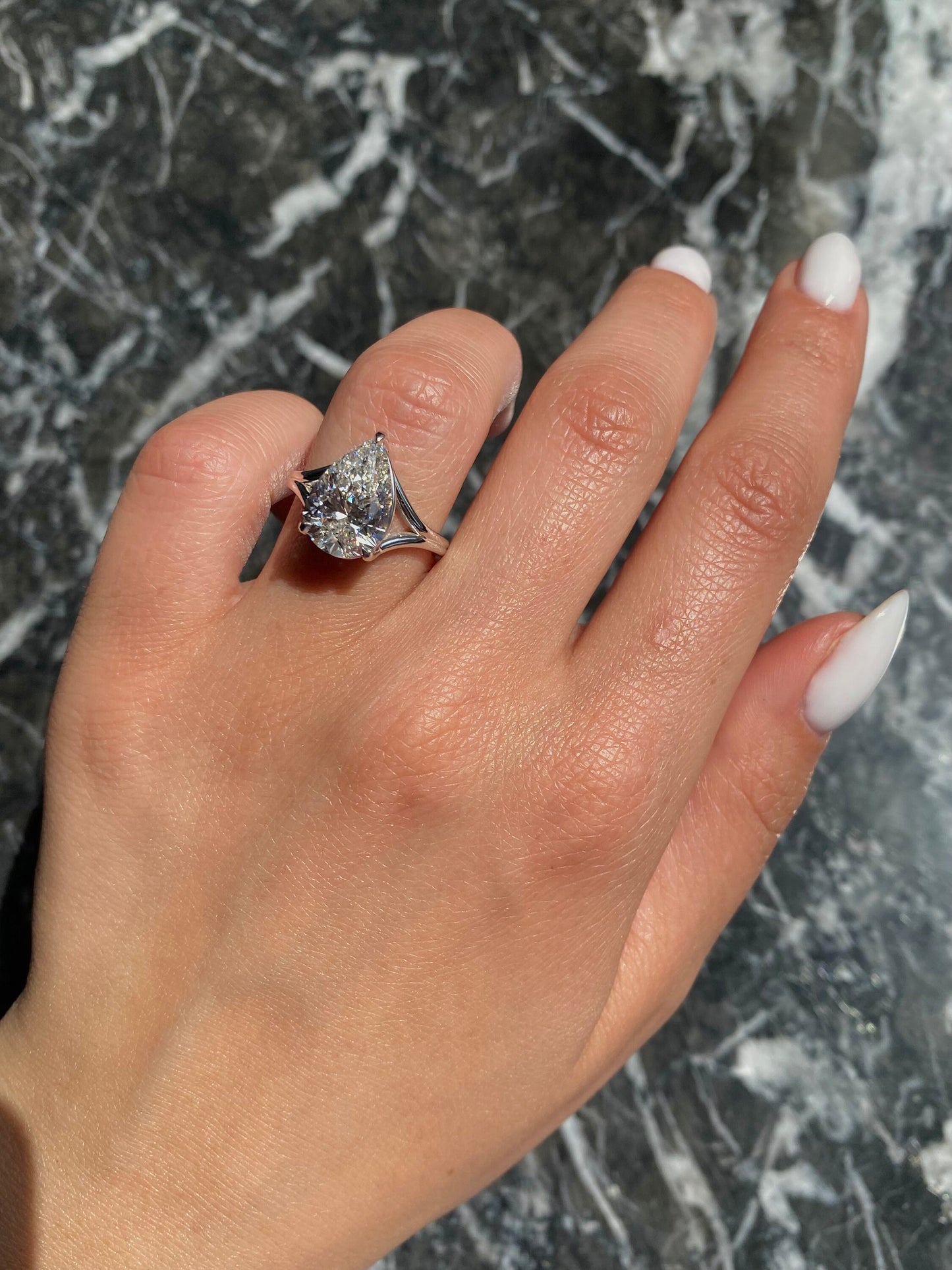 Pear Cut 3 Carat F Color VS1 Clarity IGI Certified Lab Grown Diamond Solitaire Split Shank Engagement Ring 14k Gold 3 Prongs