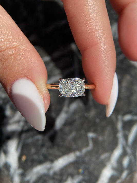 Elongated Cushion Cut 1.5 Carat E Color VVS2 Clarity IGI Certified Lab Grown Diamond East to West Solitaire Engagement Ring 14k Gold