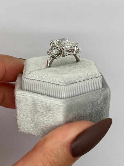Radiant Cut 5 carat IGI Certified E Color VVS2 Clarity Lab Grown Diamond Three Stone Engagement Ring, Side Trapezoids