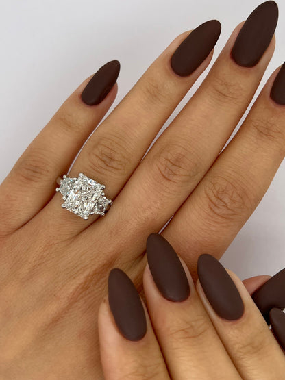 Radiant Cut 5 carat IGI Certified E Color VVS2 Clarity Lab Grown Diamond Three Stone Engagement Ring, Side Trapezoids