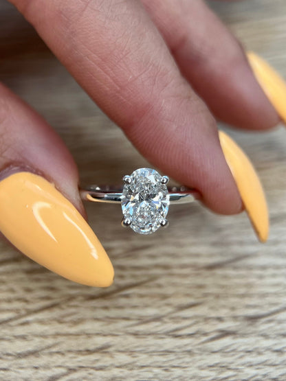 Oval 2.10 carat IGI Certified F Color VS1 Clarity Lab Grown Diamond Solitaire Hidden Halo Engagement Ring, Trendy Style
