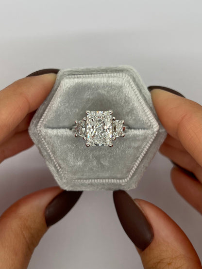 Radiant Cut 5 carat IGI Certified E Color VVS2 Clarity Lab Grown Diamond Three Stone Engagement Ring, Side Trapezoids