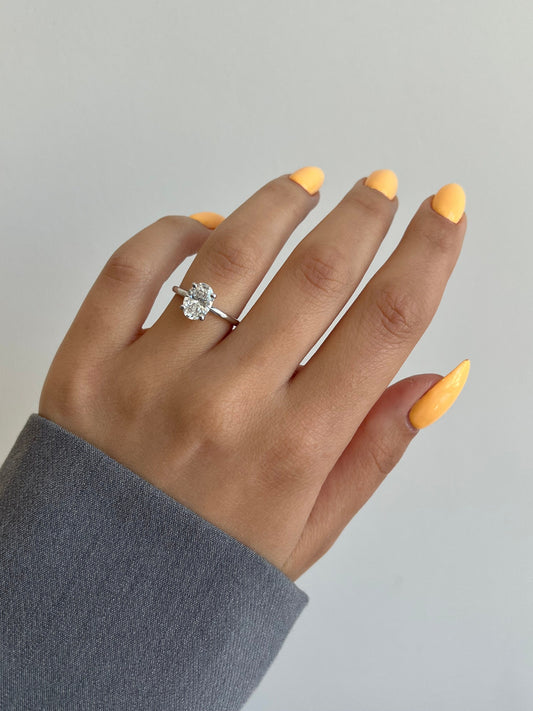 Oval 2.10 carat IGI Certified F Color VS1 Clarity Lab Grown Diamond Solitaire Hidden Halo Engagement Ring, Trendy Style