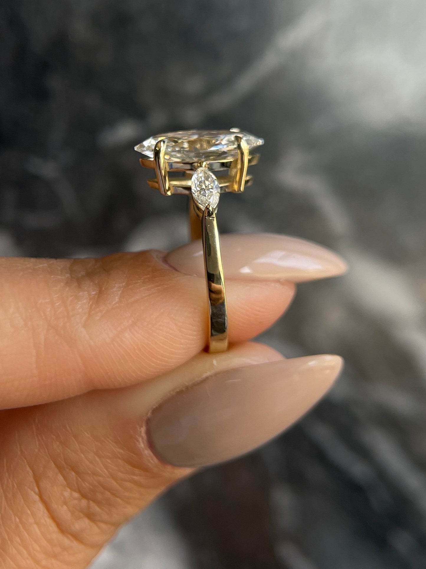 Marquise Cut 2.3 carat IGI Certified F Color VS1 Clarity Lab Grown Diamond Three Stone Engagement Ring