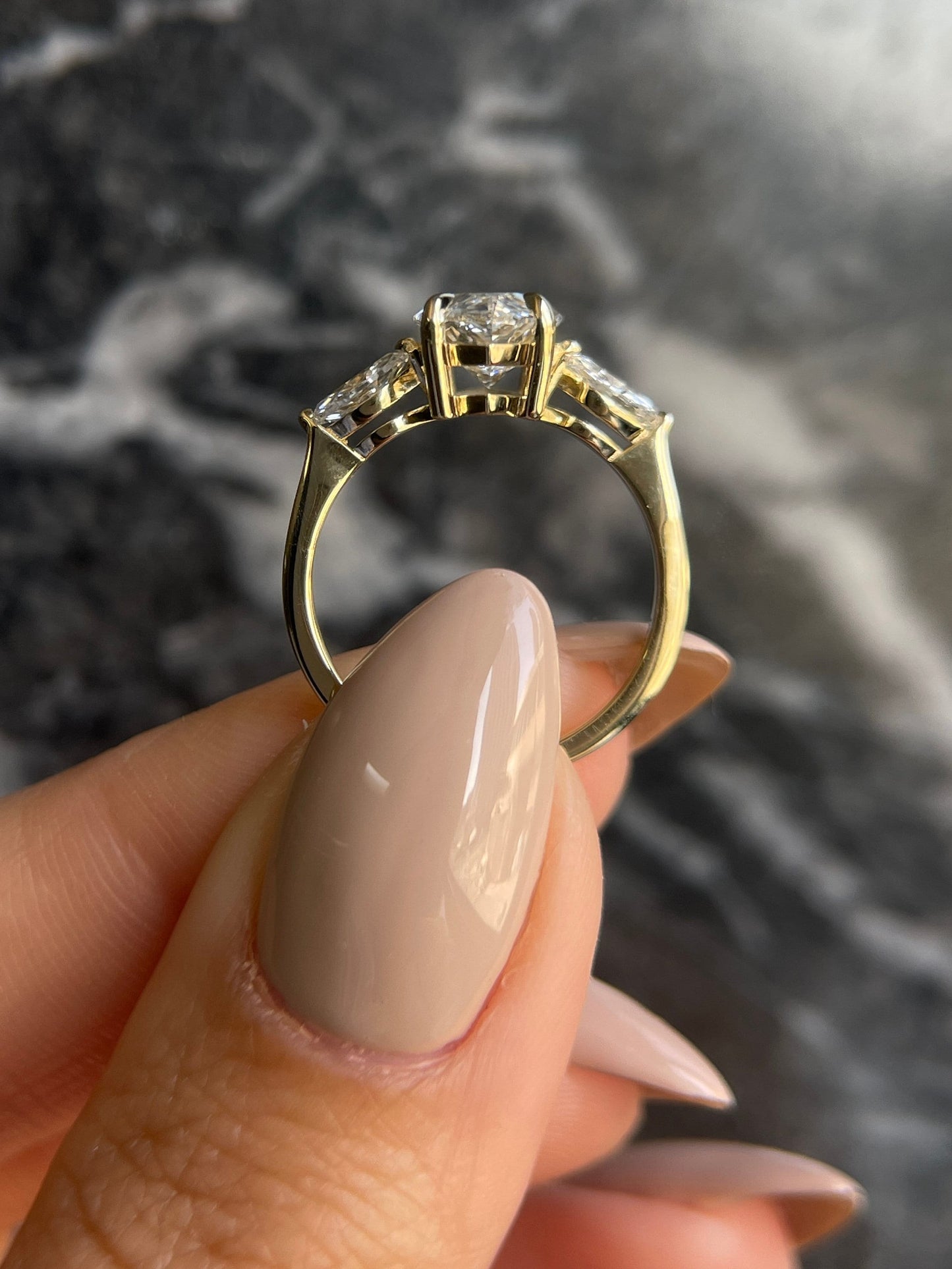 Marquise Cut 2.3 carat IGI Certified F Color VS1 Clarity Lab Grown Diamond Three Stone Engagement Ring