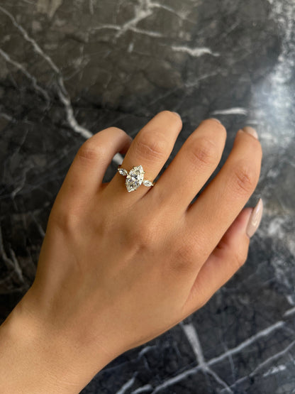 Marquise Cut 2.3 carat IGI Certified F Color VS1 Clarity Lab Grown Diamond Three Stone Engagement Ring