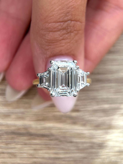 Special Two Tone Emerald Cut 5 carat IGI Certified E Color VVS2 Clarity Lab Grown Diamond Three Stone Engagement Ring, Side Trapezoids