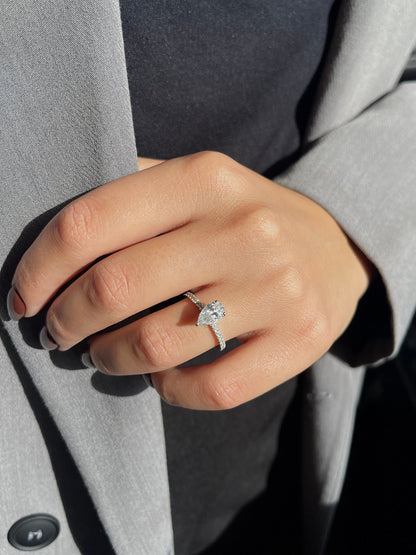Pear Cut 1.3 Carat IGI Certified E Color VVS2 Clarity Lab Grown Hidden Halo Diamond Solitaire Engagement Ring, Side Round Diamonds