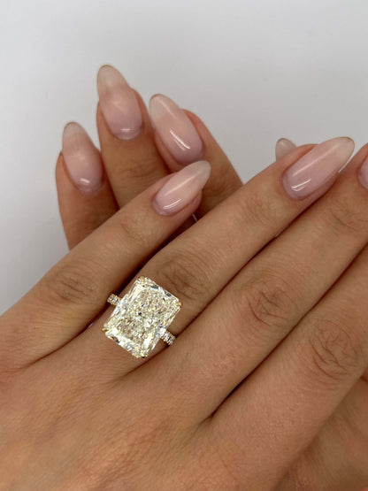 Radiant Cut 8.5 Carat IGI Certified G Color VS1 Clarity Lab Grown Diamond Engagement Ring Hidden Halo and Side Round Diamonds