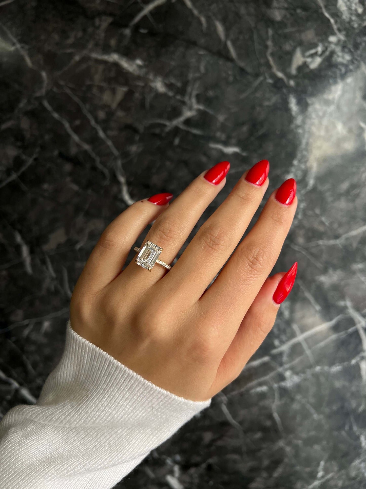 Emerald Cut 4.75 carat IGI Certified E color VVS2 clarity Lab Grown Diamond Hidden Halo Engagement Ring, 3 Rows Side Round Cut Diamonds