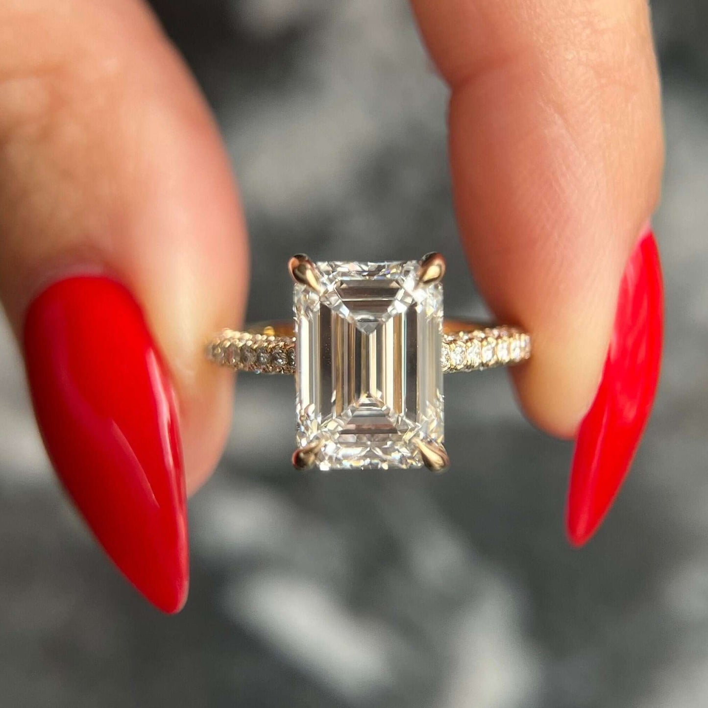 Emerald Cut 4.75 carat IGI Certified E color VVS2 clarity Lab Grown Diamond Hidden Halo Engagement Ring, 3 Rows Side Round Cut Diamonds