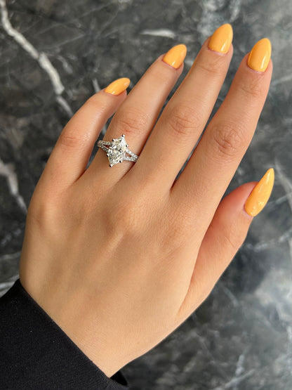 Marquise Cut 2.3 carat IGI Certified F Color VVS2 Clarity Lab Grown Diamond Split Shank Engagement Ring