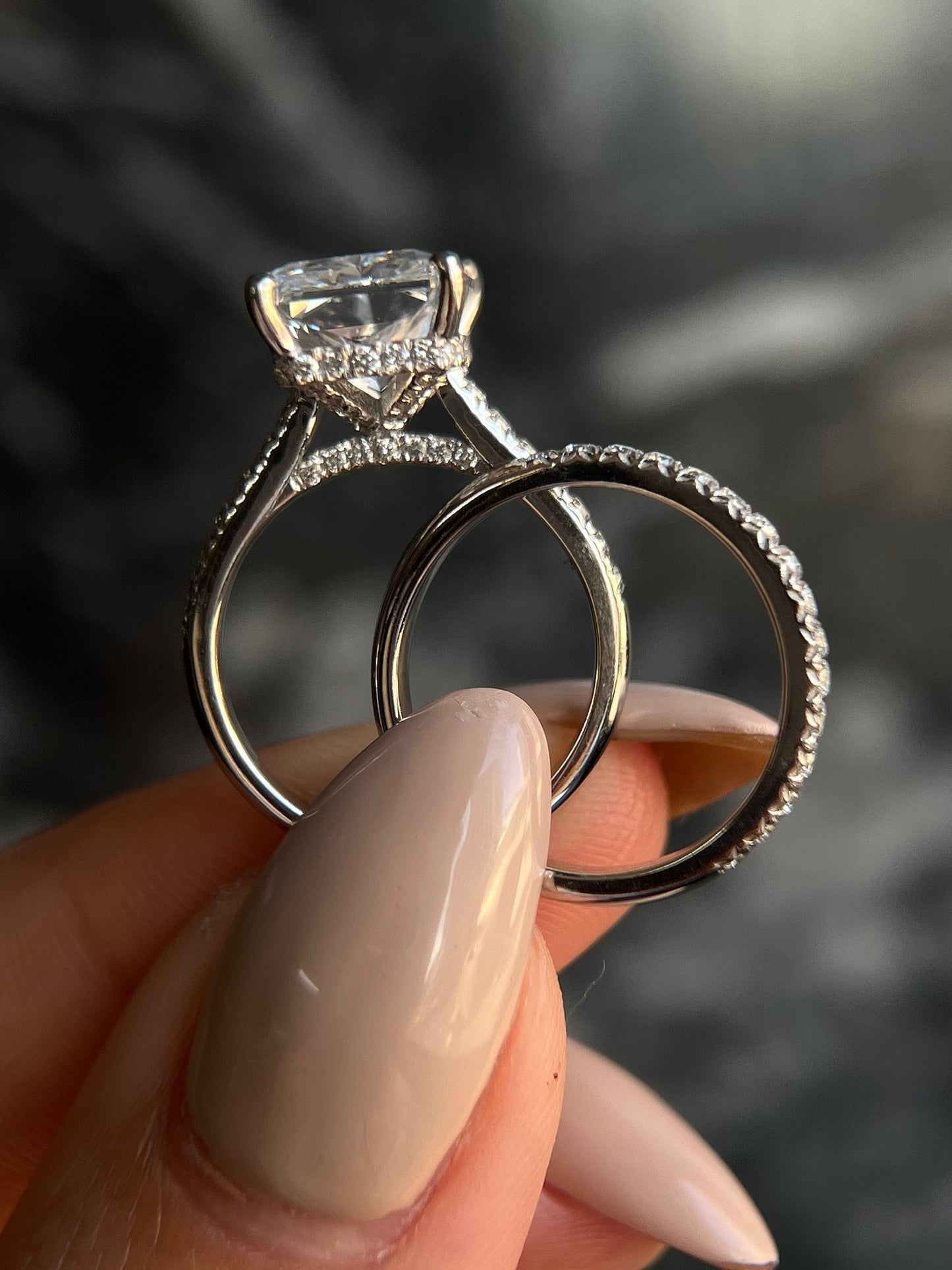 Radiant Cut 6.5 Carat IGI Certified F Color VS1 Clarity Lab Grown Diamond Engagement Ring Set Hidden Halo and Matching Diamond Wedding Band