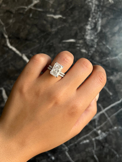 Radiant Cut 6.5 Carat IGI Certified F Color VS1 Clarity Lab Grown Diamond Engagement Ring Set Hidden Halo and Matching Diamond Wedding Band