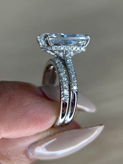 Radiant Cut 6.5 Carat IGI Certified F Color VS1 Clarity Lab Grown Diamond Engagement Ring Set Hidden Halo and Matching Diamond Wedding Band