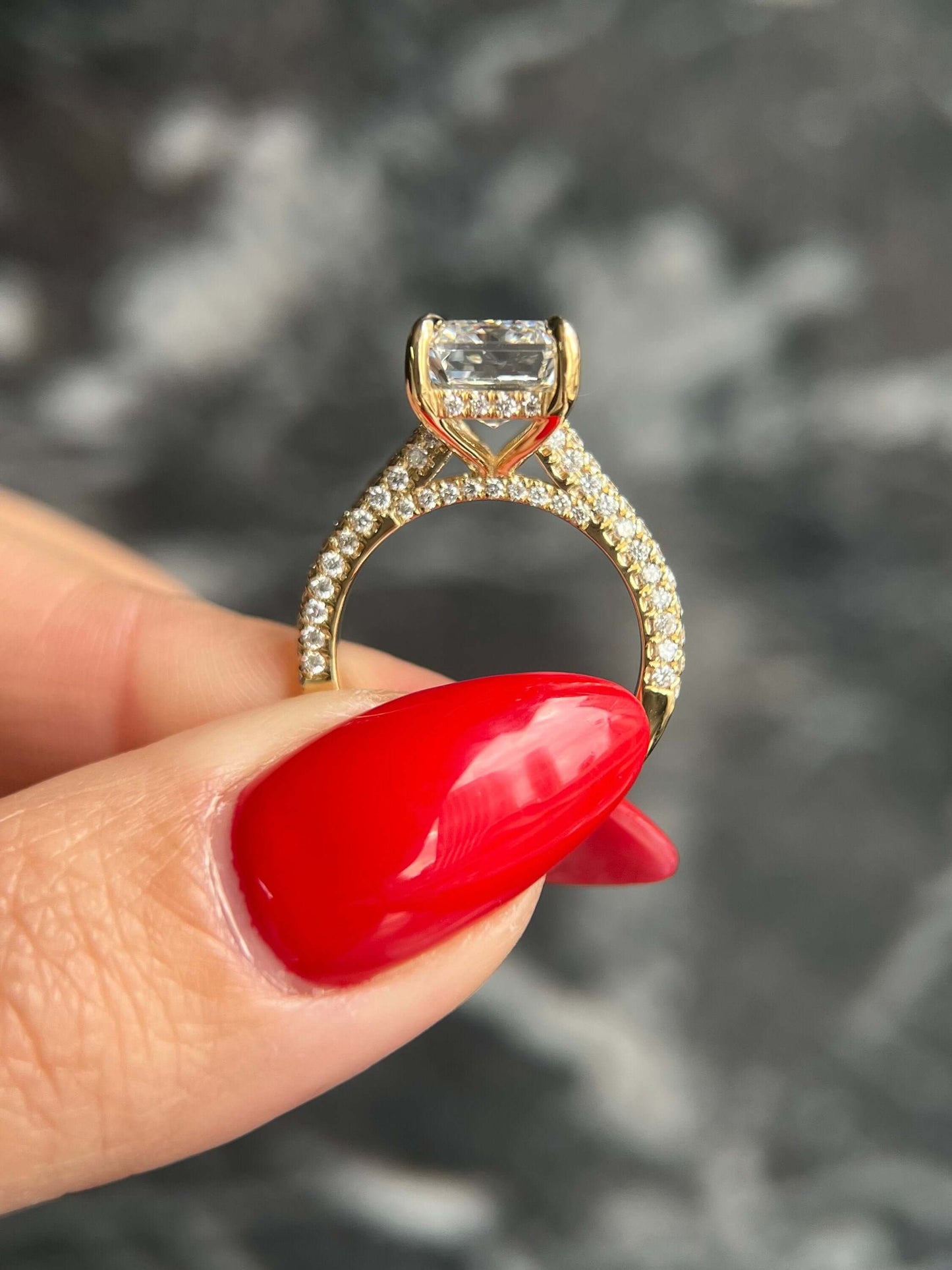 Emerald Cut 4.75 carat IGI Certified E color VVS2 clarity Lab Grown Diamond Hidden Halo Engagement Ring, 3 Rows Side Round Cut Diamonds