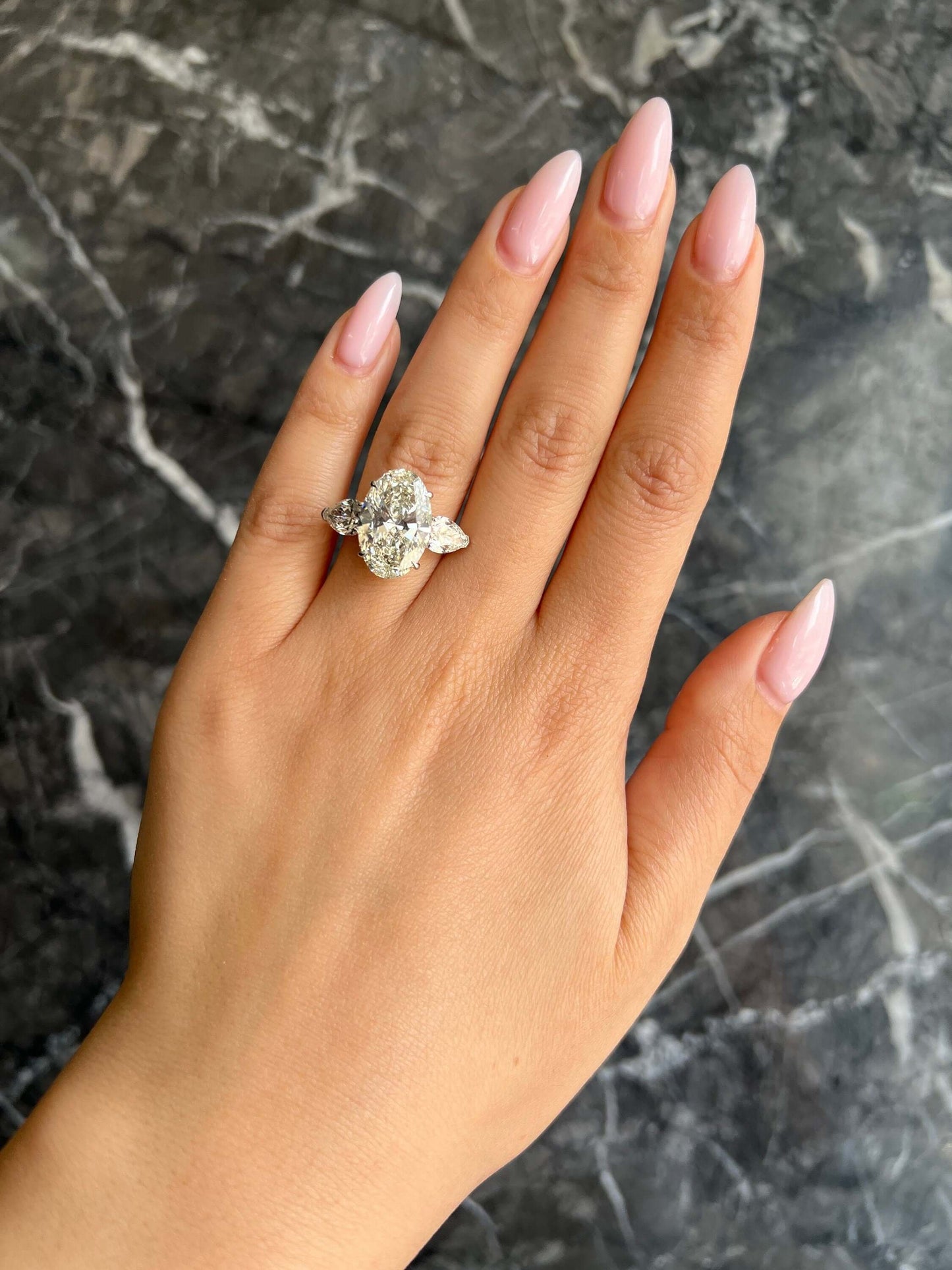 Oval Cut 10.5 Carat IGI Certified G Color VS1 Clarity Lab Grown Diamond Three Stone Engagement Ring, Side Pear Diamonds