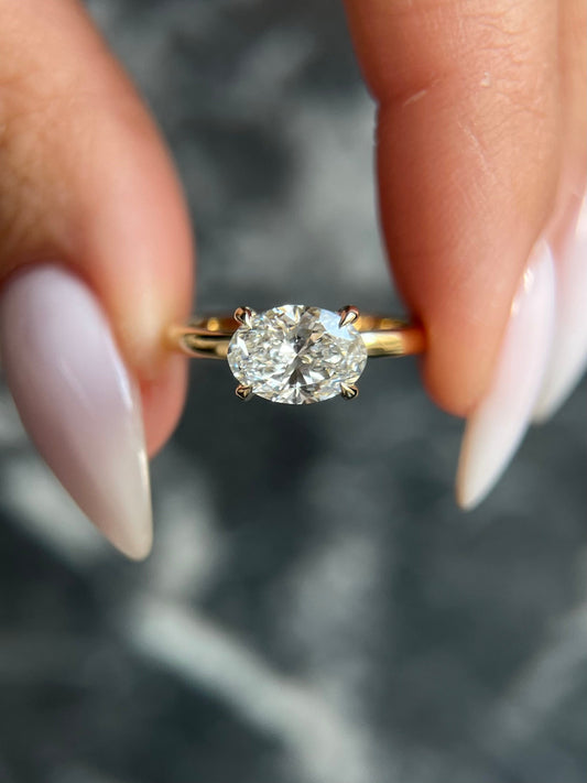 Oval Cut 1.25 Carat E Color VS1 Clarity IGI Certified Lab Grown Diamond Solitaire EAST-WEST Solitaire Engagement Ring Claw Prongs