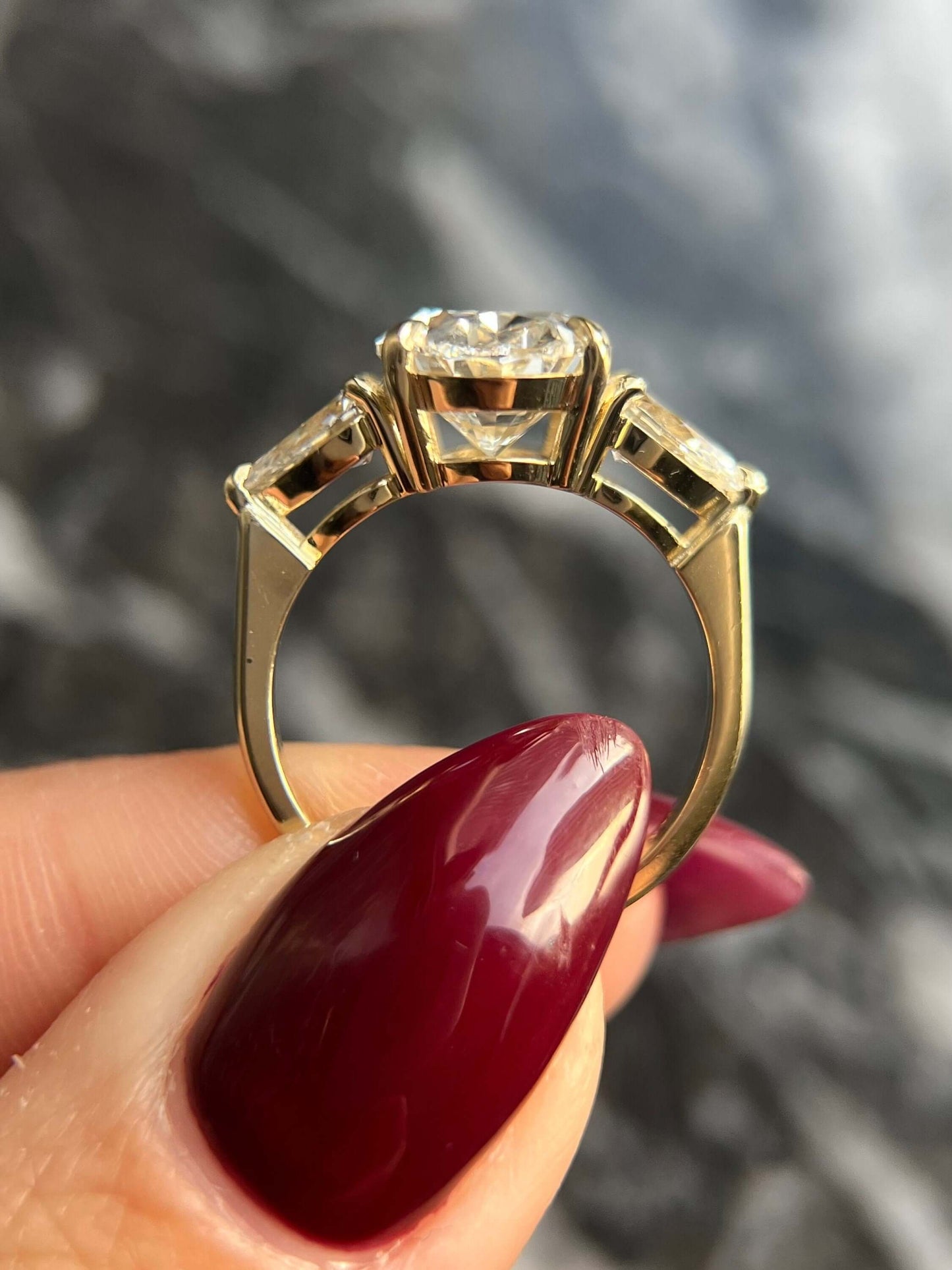 Oval Cut 6 carat F Color VS1 Clarity IGI Certified Lab Created Diamond Three Stone Engagement Ring, Side Pear Diamonds, Handmade Solid Gold