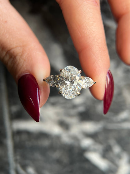 Oval Cut 6 carat F Color VS1 Clarity IGI Certified Lab Created Diamond Three Stone Engagement Ring, Side Pear Diamonds, Handmade Solid Gold