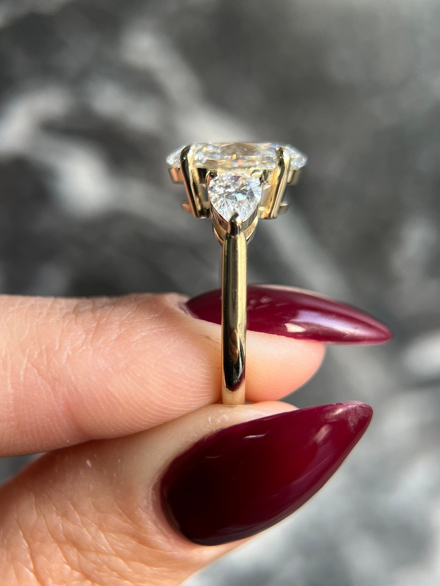 Oval Cut 6 carat F Color VS1 Clarity IGI Certified Lab Created Diamond Three Stone Engagement Ring, Side Pear Diamonds, Handmade Solid Gold